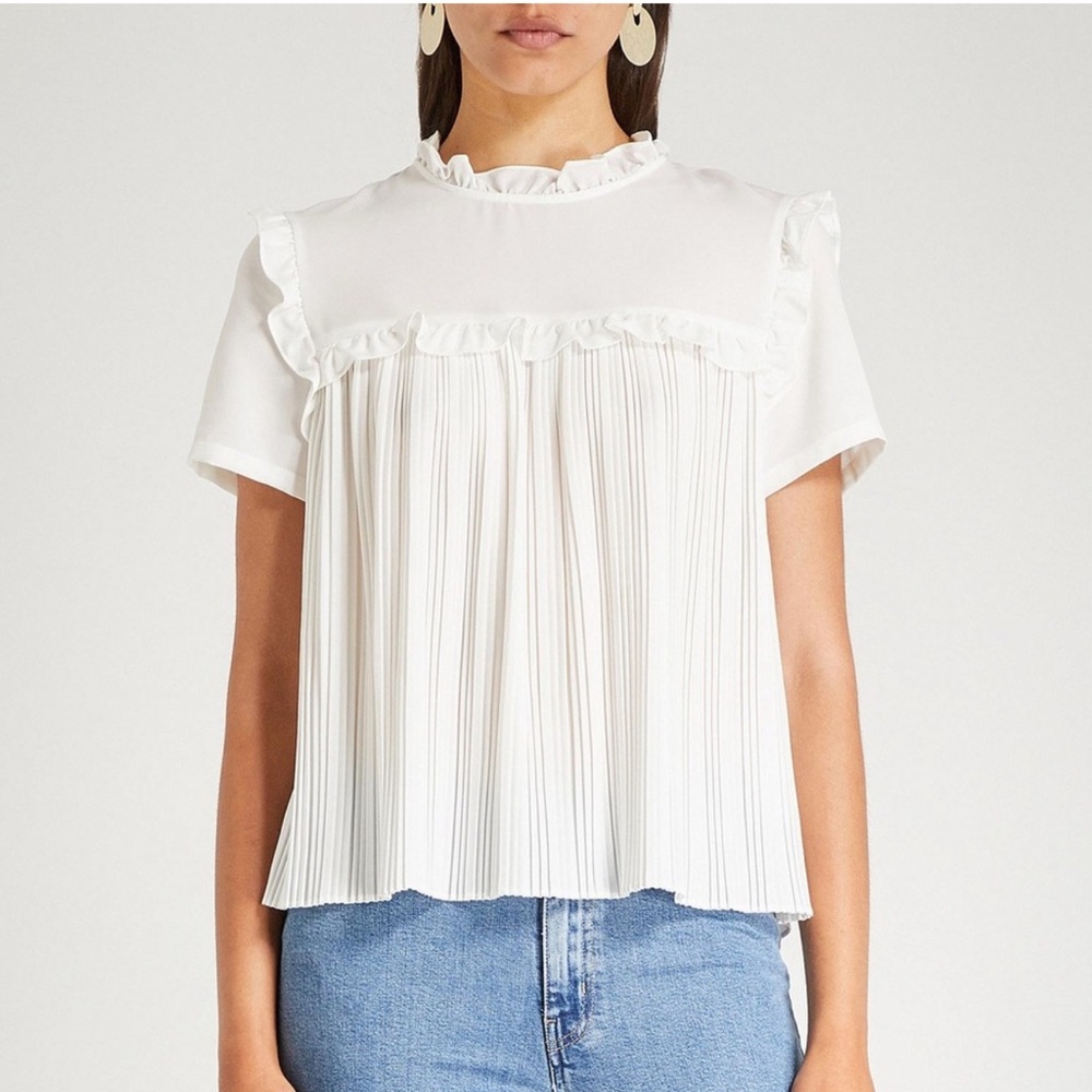 Maje White Pleated Ruffle Short Sleeve Blouse